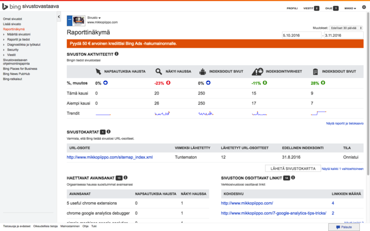 Bing sivustovastaavan työkalut