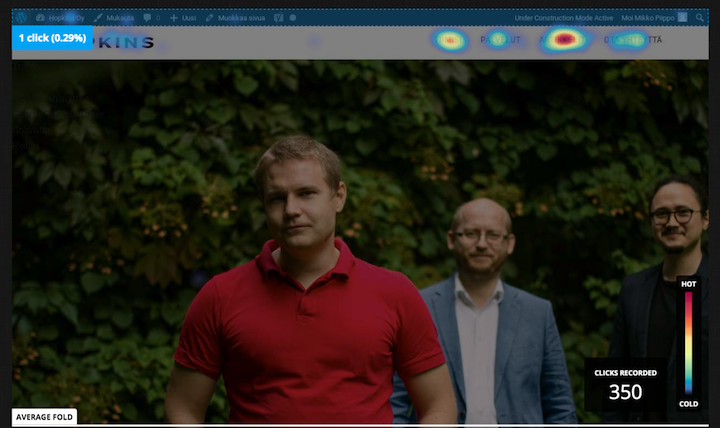 Hotjar-heatmap Hopkinsin etusivusta
