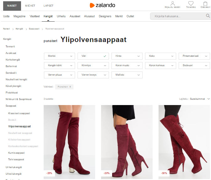 Zalando yhdistää tuoteryhmän ja värin omilla listaussivuillaan.