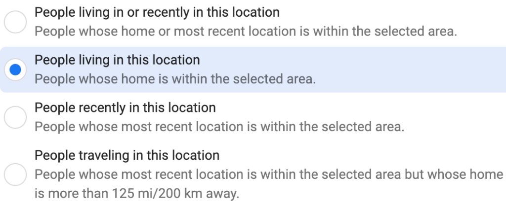 Facebook Ads Location options