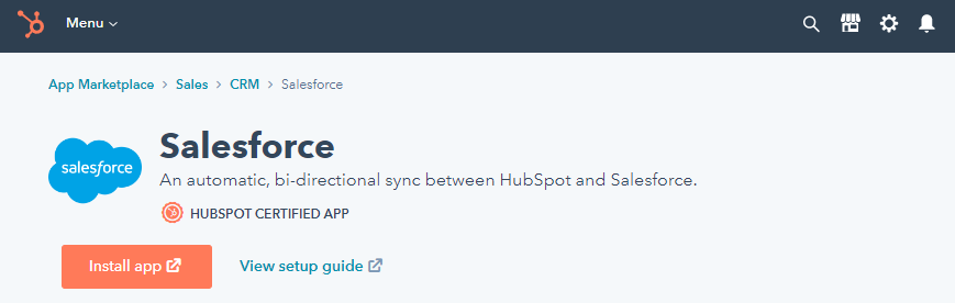Salesforce integraatio Hubspot App Marketplacessa